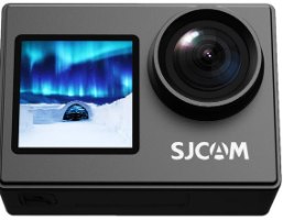 מצלמת אקסטרים SJCAM SJ4000 Dual Screen – אפורה עם עדשה ומסך המציג זוהר הקוטב עמיד למים