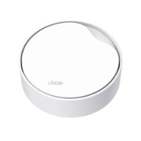 ראוטר מגדיל טווח יחידה אחת Tp-Link Deco X50-PoE AX3000 Mesh – Wi-Fi יחידה לבנה עגולה עם לוגו deco ופסים גליים למעלה