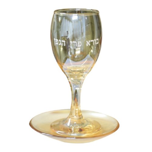 גביע קידוש מזכוכית עם תחתית והדפסה, זהב עם ברק