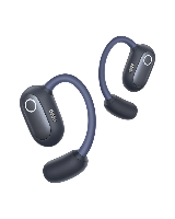אוזניות ספורט אוזן-פתוחה אלחוטיות +Shokz OPENFIT 2 – שתי אוזניות שחורות מונחות בתוך נרתיק טעינה שחור פתוח USB