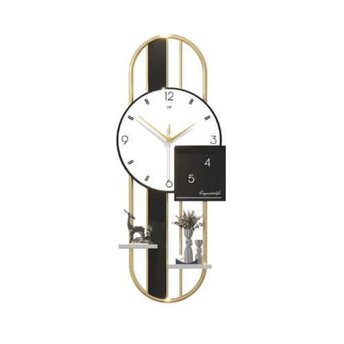 שעון קיר גדול בעיצוב ייחודי מיוחד מנגנון שקט, שעון פרזול מוזהב בשילוב צבעים שחור ולבן עם מדפים קטנים
