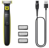 מכונת גילוח לזקן ולגוף פיליפס Philips One Blade QP2724/10 – המכונה בצבע שחור-צהוב מוצגת לצד שלושה מסרקים וכבל טעינה