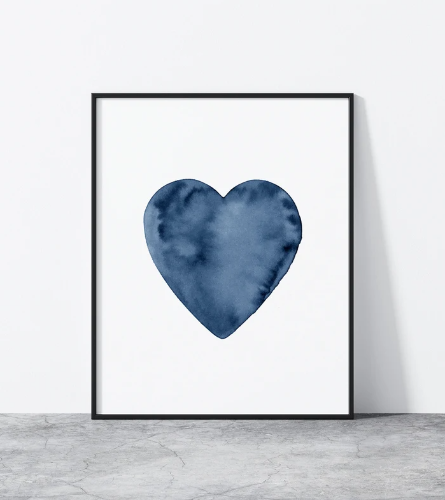 "Blue Heart" - תמונת קנבס לאורך של לב כחול באפקט צבעי מים |בודדת או לשילוב בקיר גלריה | תמונות לבית