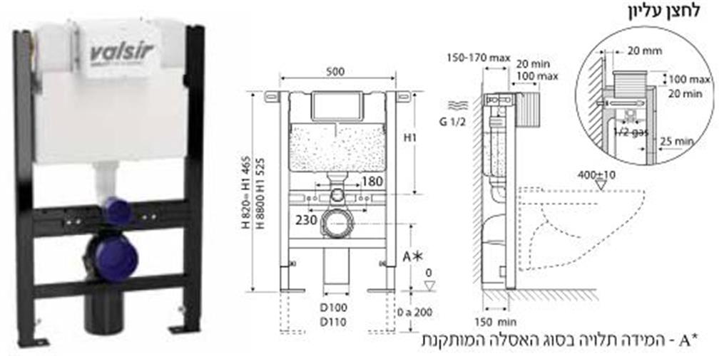 מיכל הדחה סמוי נמוך לקיר גבס