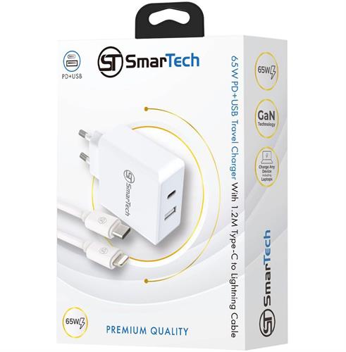 מטען קיר כפול PD+USB - 65W - עם כבל טייפ-סי ל-Lightning - דגם Sttc65w בטכנולוגיית GaN - חברת SmarTech - איכות מושלמת