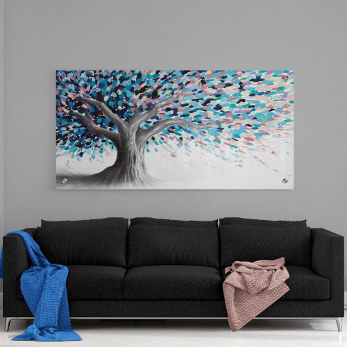 "עץ שלכת כחול" תמונת זכוכית לרוחב מעוצבת של עץ עם עלים צבעוניים | תמונת זכוכית לבית או למשרד