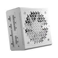 ספק כוח צבע לבן Corsair RM1000e Fully Modular Low-Noise ATX – פריט בודד לבן מציג חיבורי כבלים מודולריים ופתח אוורור