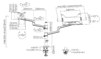 לומי Lumi LDT72-C024ML  זרוע שולחנית כפולה ללפטופ ולמסך מידות 