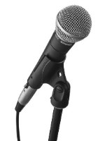 מיקרופון שירה Shure SM58 – חור עם ראש כסוף מורכב על סטנד