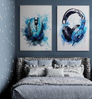 "Blue  Gaming.2" זוג תמונות מעוצבות לחדר נוער ילדים וגיימרים, תמונה של אוזניות ועכבר בצבע כחול