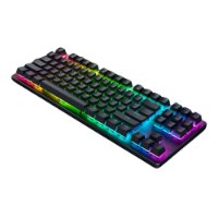 מקלדת גיימינג מכנית Razer Huntsman V3 HE Magnetic Tenkeyless 8KHZ – מקלדת שחורה מוארת ב-RGB נראית בזווית על רקע לבן