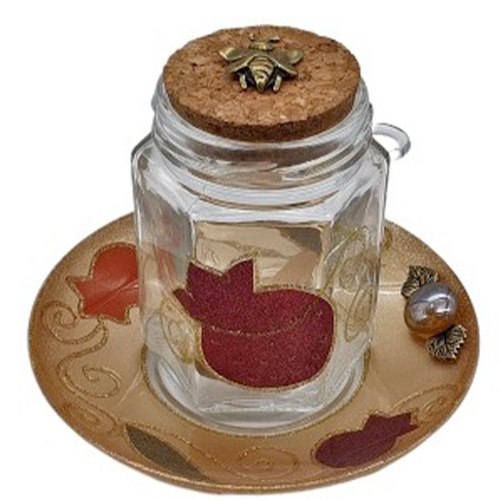 סט צנצנת זכוכית לדבש + כף עץ עיטור רימון בורדו