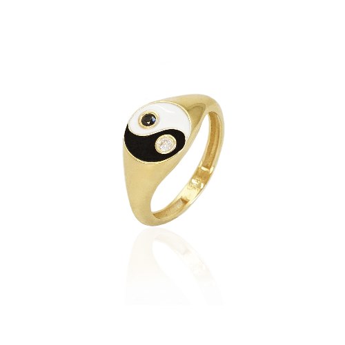 טבעת זהב יין ויאנג יהלומים עם אמייל