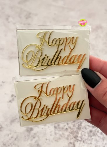 2 יחידות מיני טופר אקריל זהב Happy Birthday כתב יד