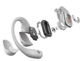 אוזניות ספורט אוזן-פתוחה אלחוטיות +Shokz OPENFIT 2 – מציגה פירוק רכיבים פנימיים של אוזנייה אחת בצבע בהיר על רקע לבן טעינה