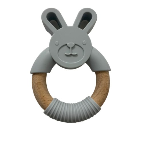 נשכן ארנב אפור -טבעת עץ בשילוב דמות ארנב מסיליקון