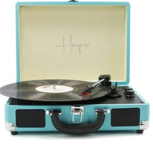 פטיפון מזוודה בלוטוס עם רמקולים בצבע כחול Harper HRT-10