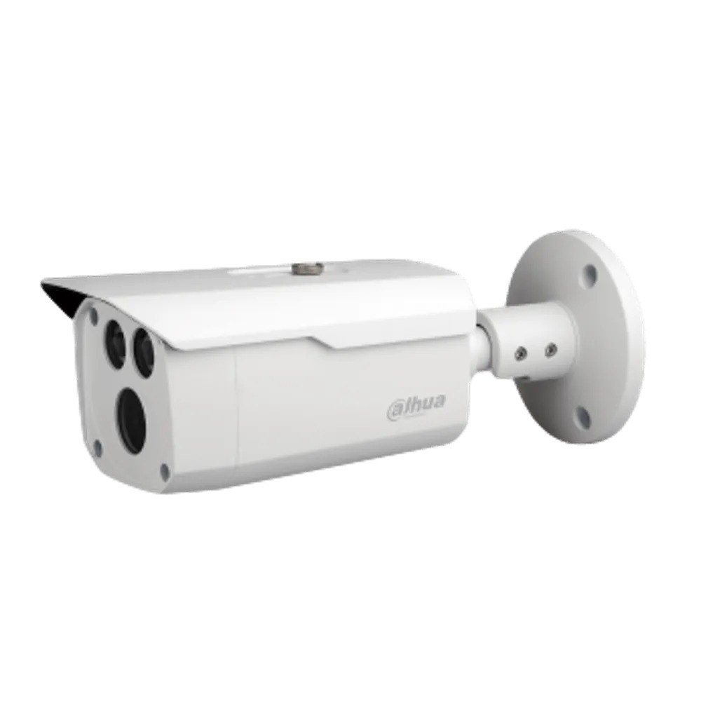 מצלמת צינור Dahua HAC-HFW1400D-S3 – מצלמת אבטחה לבנה מסוג בולט מציגה את העדשה ושלושה חיישנים קדמיים עם בסיס הרכבה