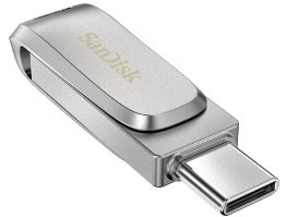 זיכרון נייד צבע כסוף Sandisk Ultra Dual Drive Luxe 512GB – פריט בודד בצבע כסוף עם לוגו SanDisk ומחבר Type-C גלוי
