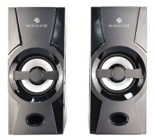 זוג רמקולים קומפקטיים למחשב Miracase MCS100 – שני רמקולים אפורים כהים עם דרייברים עגולים נראים על רקע לבן USB
