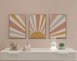 "Boho Sunrise" -סט שלוש תמונות לחדר שינה ילדים, נוער או לחדר בעיצוב בוהמי, תמונה מעוצבת של שמש זורחת