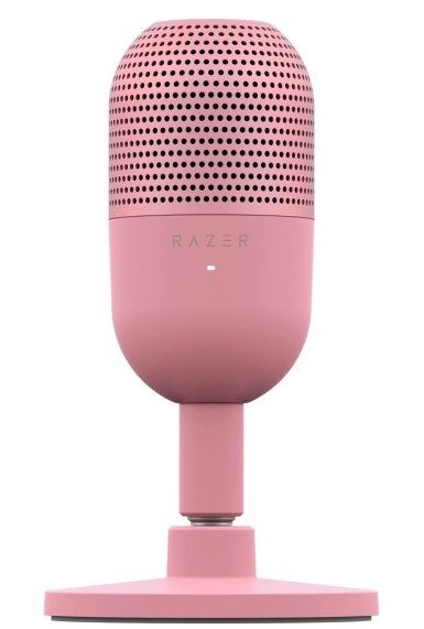 מיקרופון קונדנסר לגיימרים Razer Seiren V3 Mini – פריט בודד בצבע ורוד עומד זקוף על בסיסו העגול USB
