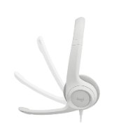 אוזניות עם מיקרופון צבע לבן Logitech H390 USB – אוזניות לבנות המציגות את זרוע המיקרופון בשלושה מצבי כיוונון סינון רעשים