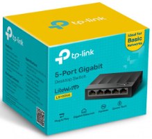 מתג שולחני TP-Link 5 Port 10/100/1000Mbps LS1005G – קופסת מוצר כחולה וצהובה עם תצוגת המתג
