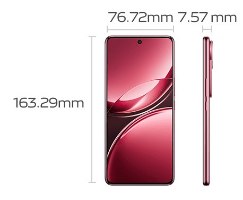 סמארטפון VIVO V50 5G 12GB+256GB אדום – המכשיר האדום מוצג במבט קדמי ובצדדי עם מידות גובה רוחב