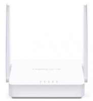 ראוטר Mercusys 300Mbps ADSL2+ MW300D – מבט קדמי על ראוטר לבן עם שתי אנטנות וארבע נוריות חיווי