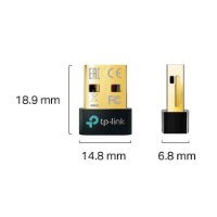 מתאם בלוטות' TP-Link UB500 Bluetooth 5.4 Nano USB – פריט בודד בצבע שחור וזהב עם מידותיו המצוינות במילימטרים חוטי