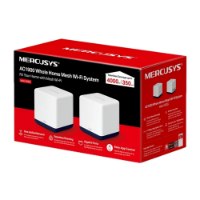רואטר מארז זוגי Mercusys Halo H50G AC1900 – קופסת אריזה אדומה עם שני נתבים לבנים ומידע על כיסוי שטח עם 5GHz