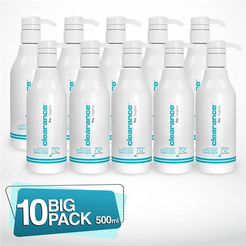 10 יחידות אלכוג'ל 500ML של חברת CLEARANCE מכיל 70% אלכוהול בתוספת ויטמין E, תמצית אלוורה בבקבוק