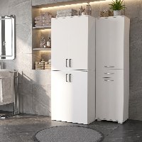 סט זוג ארונות שירות משלימים ואקסלוסיביים המיועדים לשילוב מכונת כביסה, מייבש וסל כביסה מובנה, הכולל חלוקת מדפים חכמה ותאי אחסון מרווחים לחומרי ניקוי, טקסטיל וציוד ביתי