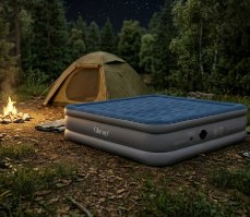מזרן מתנפח עבה זוגי כולל משאבה צבע כחול Glamp GTDAB46 – מזרן כחול אפור מונח ליד מדורה ואוהל בשטח.