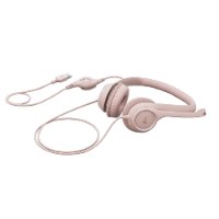 אוזניות עם מיקרופון צבע ורוד Logitech H390 USB – אוזניות ורודות עם מיקרופון וכבל USB מונחות על רקע לבן