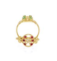 טבעת זהב עם אבני חן ויהלומים בסגנון פרח עם עיטורים בצדדים