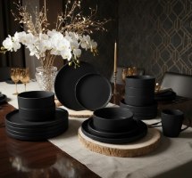 סט כלי אוכל 18 חלקים Berlinger Haus Stoneware BH10009A – כלי אוכל שחורים מט ערוכים על שולחן חגיגי עם קישוטים