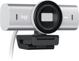 מצלמת רשת Logitech MX Brio 4K Ultra HD Pale Gray – מצלמה כסופה עם עדשה גדולה במרכז וכבל לבן