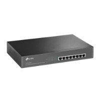 מתג 8 פורטים Tp-Link TL-SG1008 Gigabit – פריט בודד בצבע אפור כהה המציג 8 פורטים קדמיים ונוריות חיווי על רקע לבן