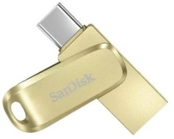 זיכרון נייד צבע זהב Sandisk Ultra Dual Drive Luxe 256GB – המציג את הזיכרון בזהב עם מחבר USB Type-C גלוי
