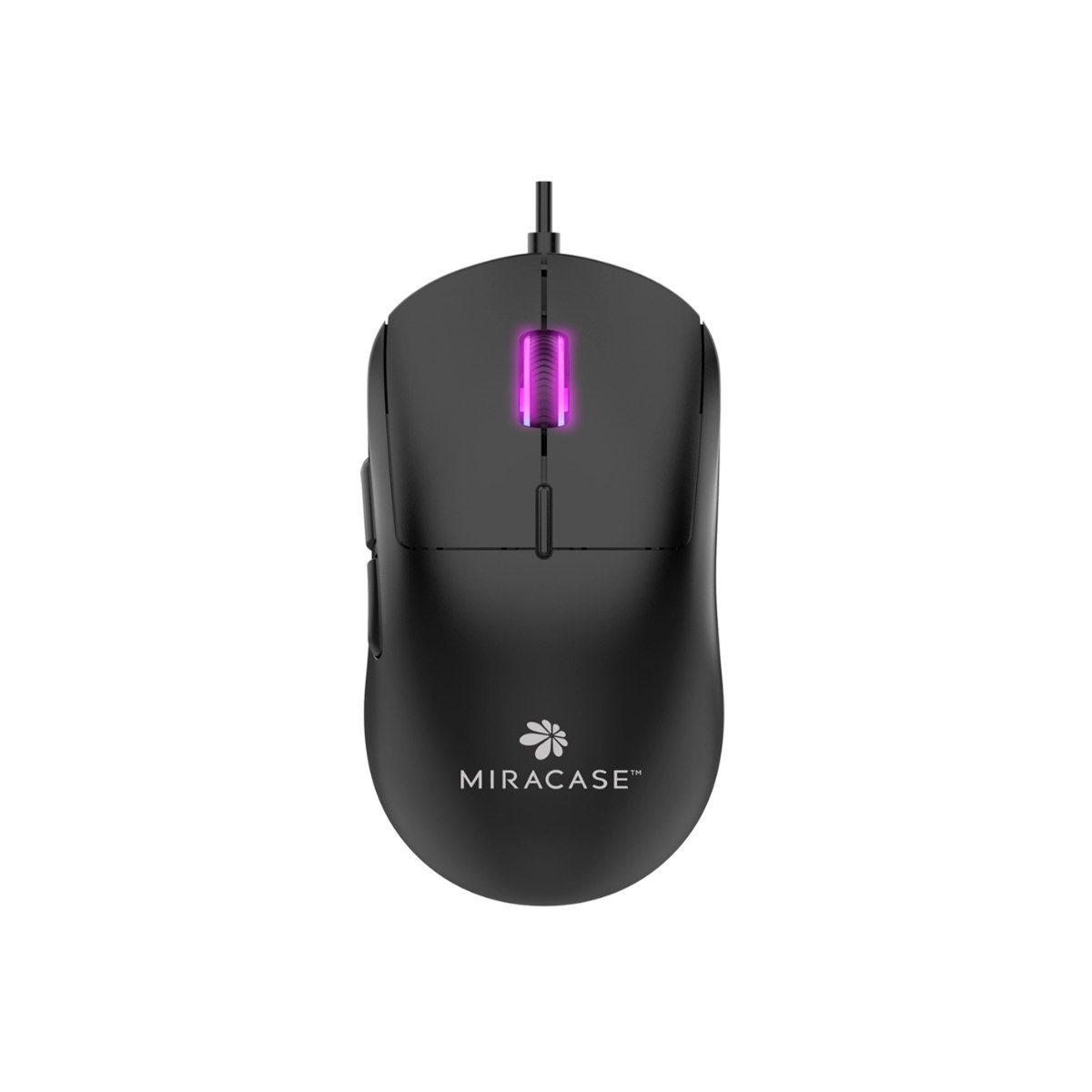 עכבר גיימינג חוטי תאורה Miracase MG100 RGB – שחור עם תאורת גלילה ורודה וכבל USB על רקע לבן