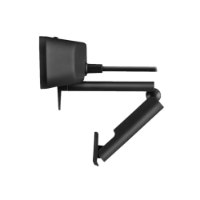 מצלמת רשת Logitech C925E HD 1080P – מצלמה שחורה אחת נראית מהצד עם זרוע תפס מתכווננת