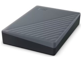 כונן קשיח חיצוני Western Digital WDBRMD0040BGY My Passport 4TB USB-C – פריט אפור דו-גוני עם טקסטורה מחורצת בחלקו העליון
