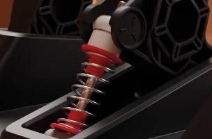 דוושות לסימולטור Thrustmaster T-3PM PC/PS/Xbox – קפיץ אדום מלופף סביב בוכנה בהירה בתוך מנגנון דוושה שחור