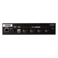 יחידת בקרת כוח תעשייתית Aten PE4104 4 Port Switched iPDU – מכשיר שחור מלבני עם חיבורי רשת חיישנים וארבעה כפתורי שליטה בחזית