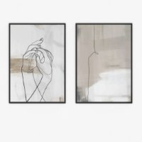 "Gray's" סט זוג תמונות הדפס ציור סגנון ליין ארט אבסטרקטי בגווני אפור ואבן
