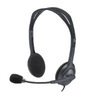 אוזניות סטריאו Logitech H111 Retail – אוזניות קשת אפורות כהות עם מיקרופון מחובר מונחות על רקע לבן