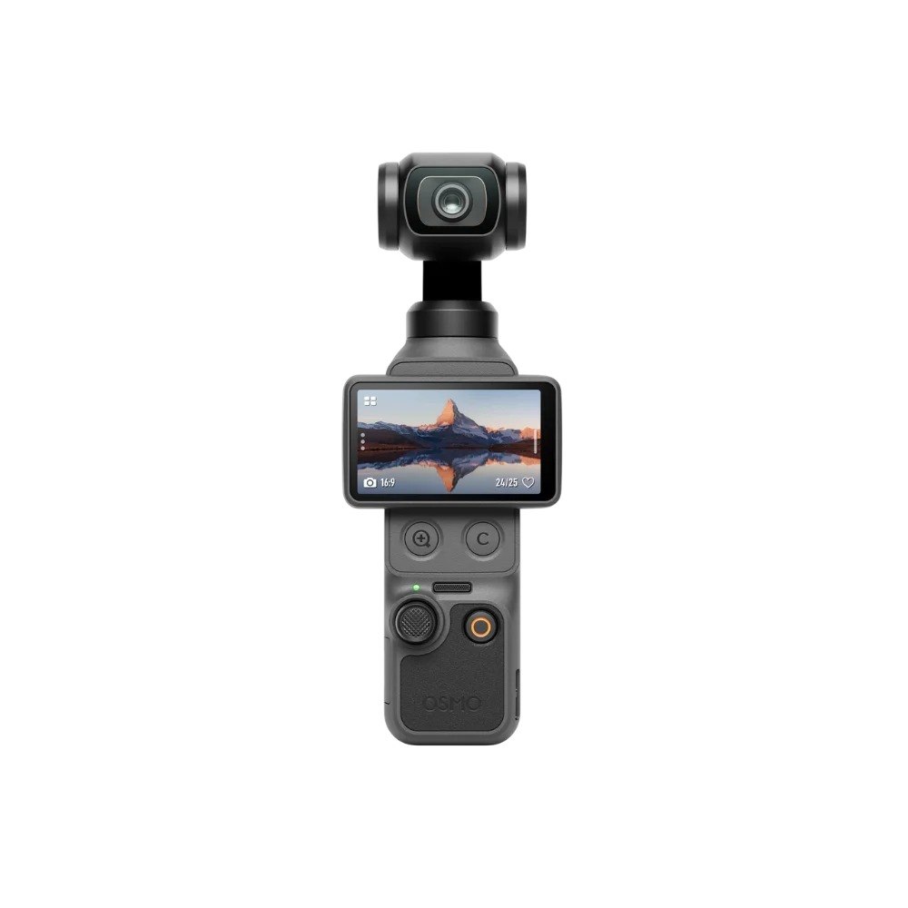 מצלמת גימבל DJI Osmo Pocket 4 Standard Combo – USB-C המצלמה האפורה מוצגת במבט קדמי על רקע לבן כשהמסך מציג תמונת נוף