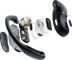 אוזניות אלחוטיות צבע שחור Shokz OpenFit Air – מבט מפורק על רכיבי האוזנייה הפנימיים שלה על רקע לבן טעינה מהירה